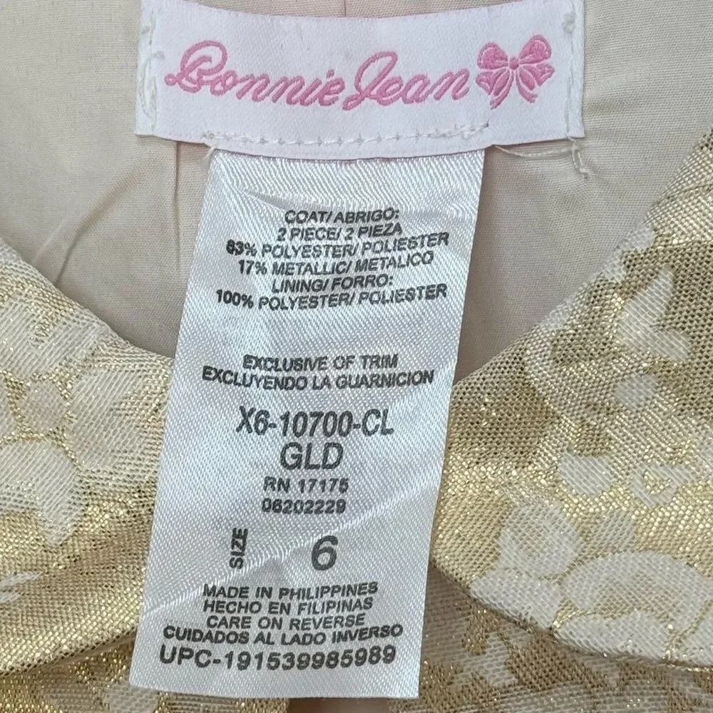 Bonnie Jean Girls Long Sleeve Formal Gold Shimmer Floral Jacquard Dress Coat. 6.